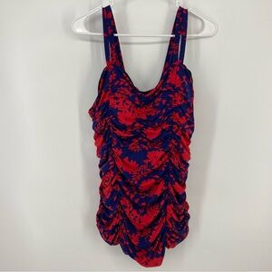 Lands' End Women's Tankini Swim Top, Plus Size 20W, Blue/Red Floral Built In Bra